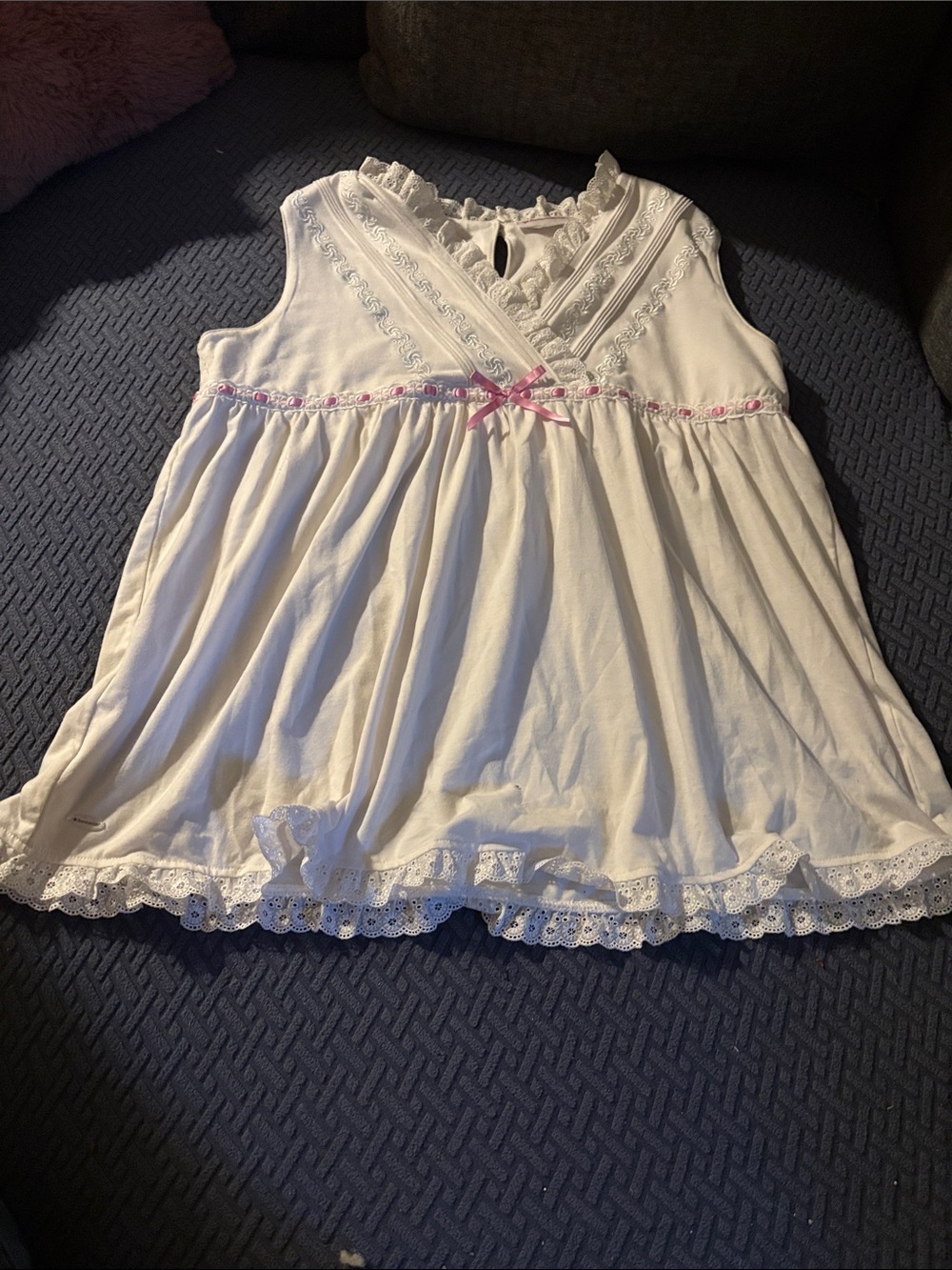American Girl White Lace Trim Tank Top with Pink Ribbon
